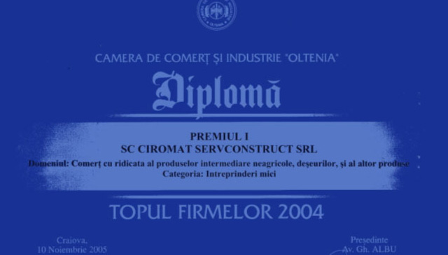Premiul I in Topul firmelor in anul 2004 pentru Comertul cu ridicata al materialelor de constructii.